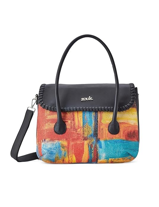 ZOUK Printed Jute Handcrafted Vegan Leather Multicolor Women's Satchel Bag