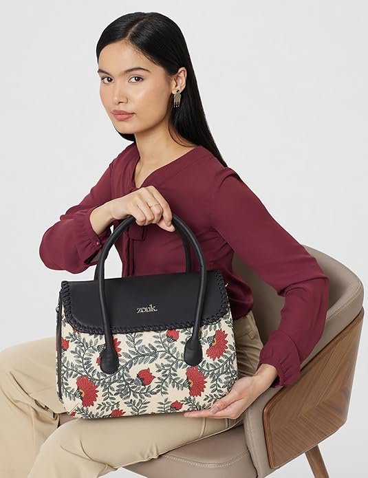 ZOUK Printed Jute Handcrafted Vegan Leather Multicolor Women's Satchel Bag