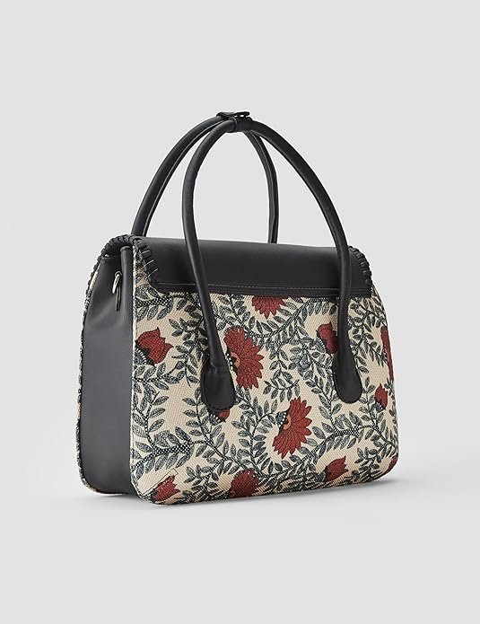 ZOUK Printed Jute Handcrafted Vegan Leather Multicolor Women's Satchel Bag